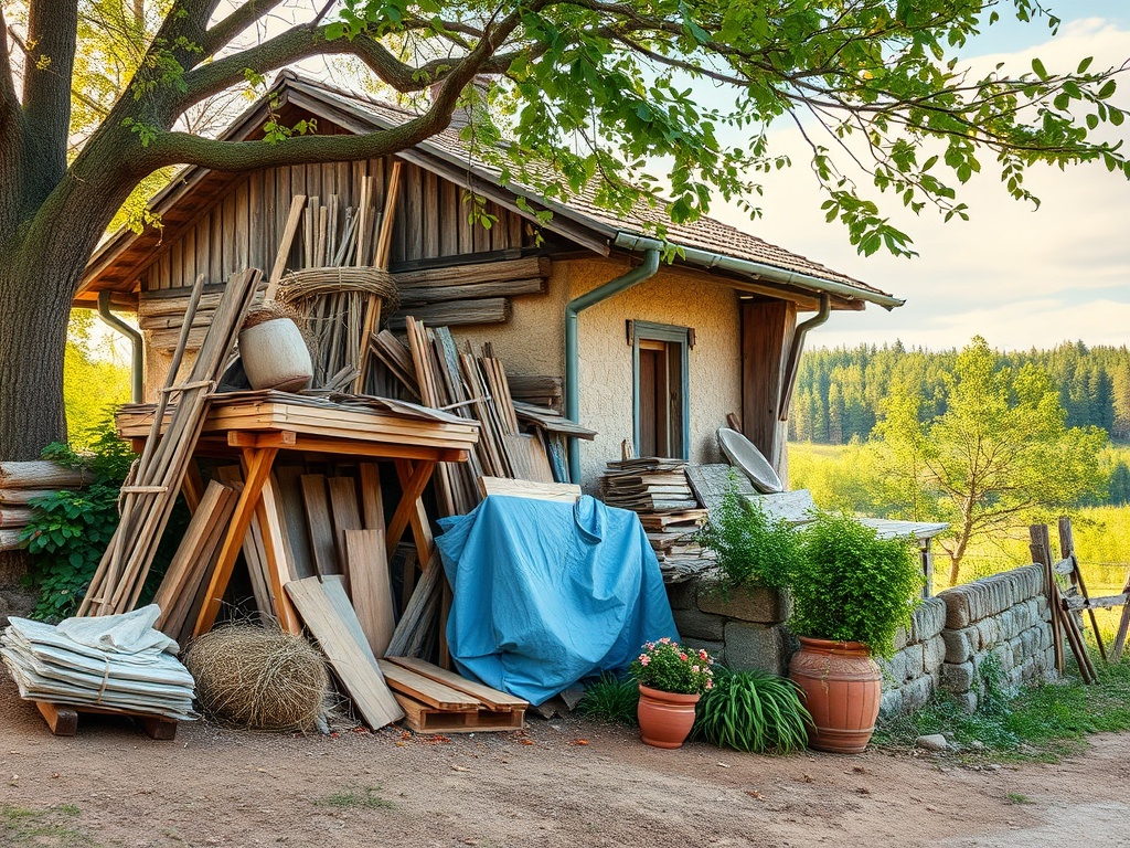 Деревенский дом с аккуратно сложенными деревянными материалами и цветущими растениями у забора.