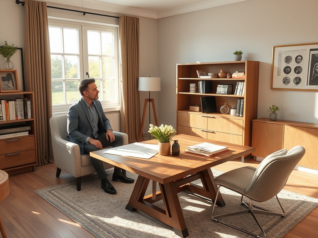 На изображении мужчина в костюме сидит в стильном офисе с деревянной мебелью и окнами, пропускающими свет.