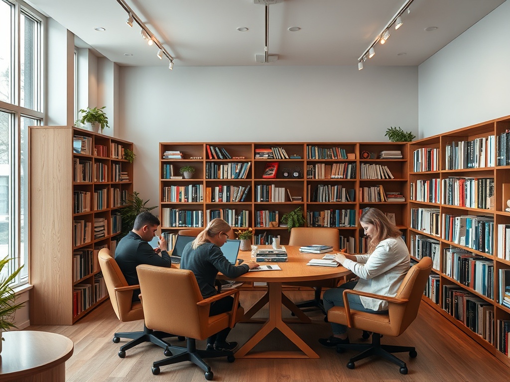 Трое людей работают в библиотеке, окружённые полками с книгами и растениями. Стол с книгами и заметками.