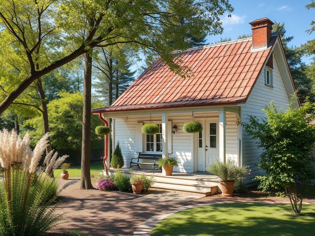 Небольшой загородный дом с красной крышей и ухоженным садом, окружённый зелёными деревьями и цветами.