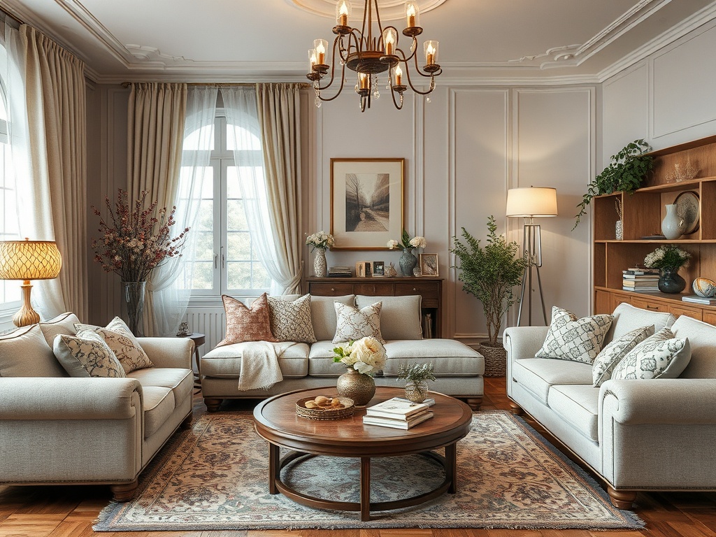 Уютная гостиная с диванами, деревянным столом и светильниками, оформленная в мягких тонах и зелеными растениями.