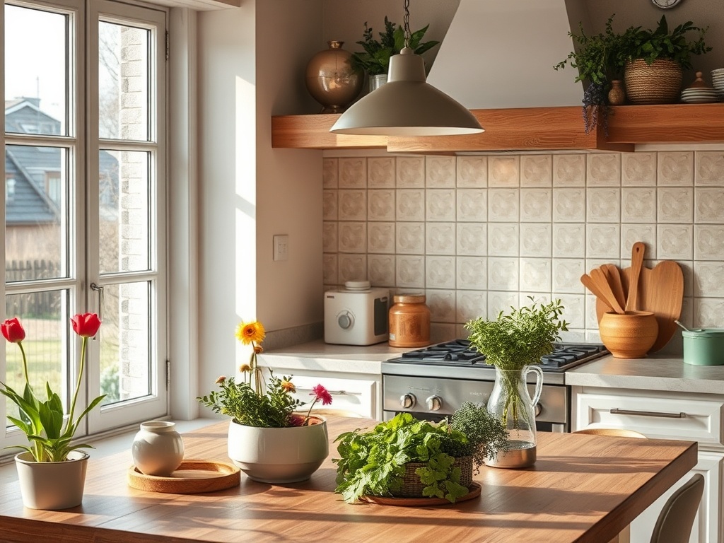 Светлая кухня с растениями, цветами и деревянными аксессуарами, создающими уютную атмосферу.
