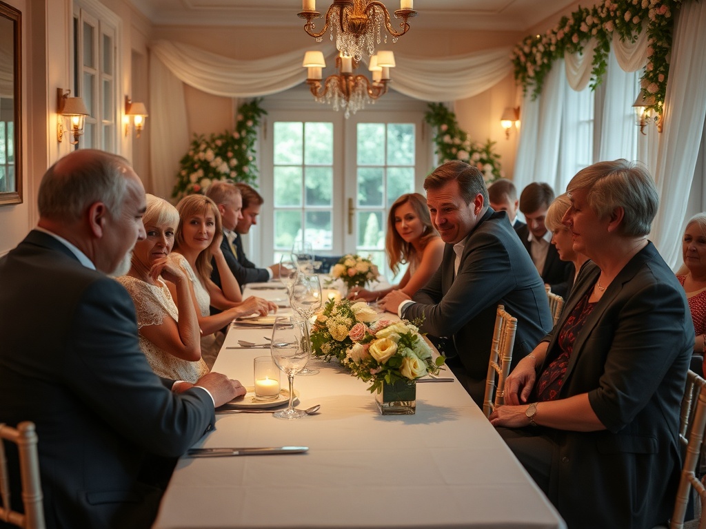 На ужине собралось много людей, стол украшен цветами, уютная атмосфера, все общаются и улыбаются.