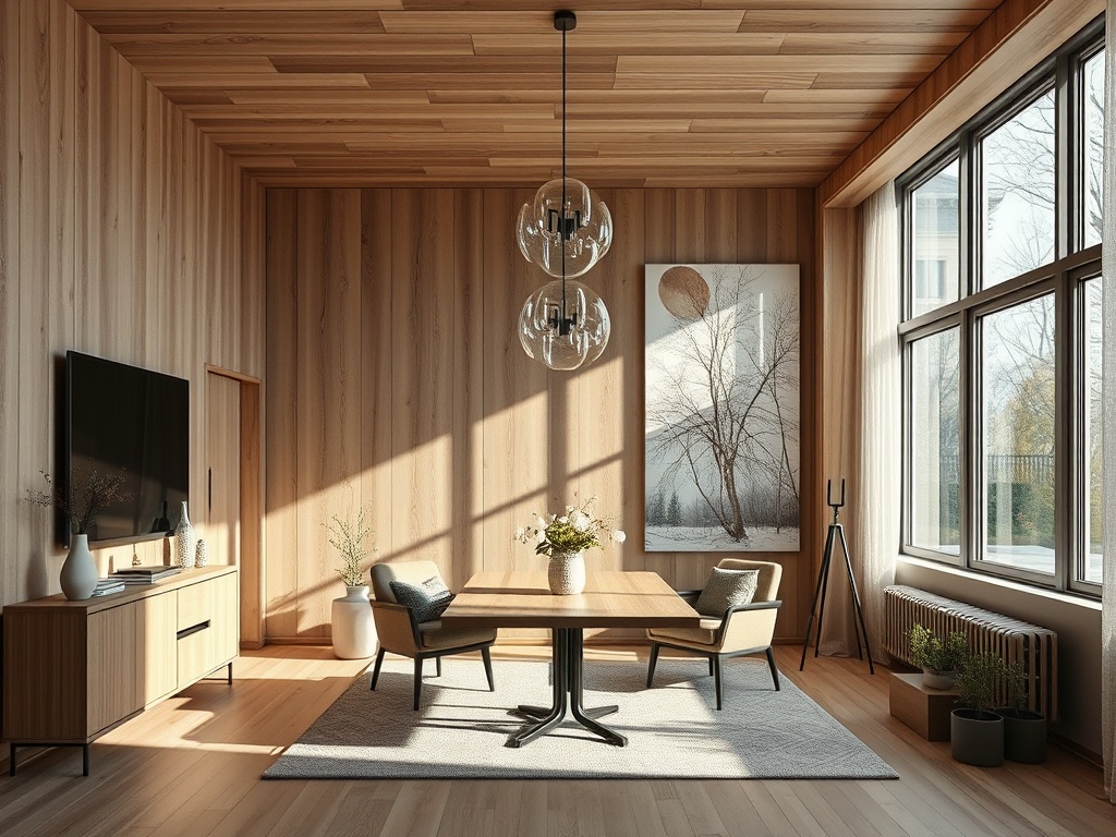 Современный интерьер с деревянными стенами, обеденным столом и большими окнами, пропускающими солнечный свет.