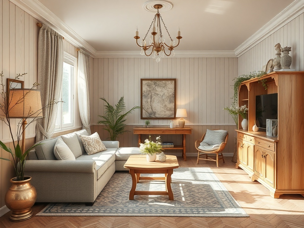 Светлая гостиная с диваном, столом, телевизором и растениями, оформленная в уютном стиле.