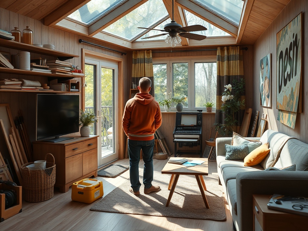 Современная комната с высокими окнами, уютной мебелью и человеком, смотрящим на природу за окном.