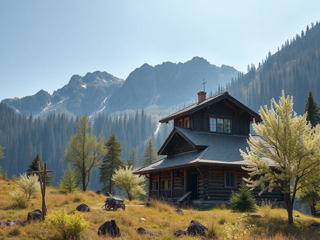 Деревянный дом с крестом на фоне гор и леса, окружённый зелеными деревьями и цветущими кустами.