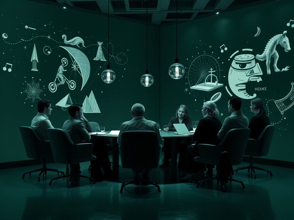 В комнате для встреч сидят люди, окруженные графическими изображениями на стенах. Атмосфера креативная.