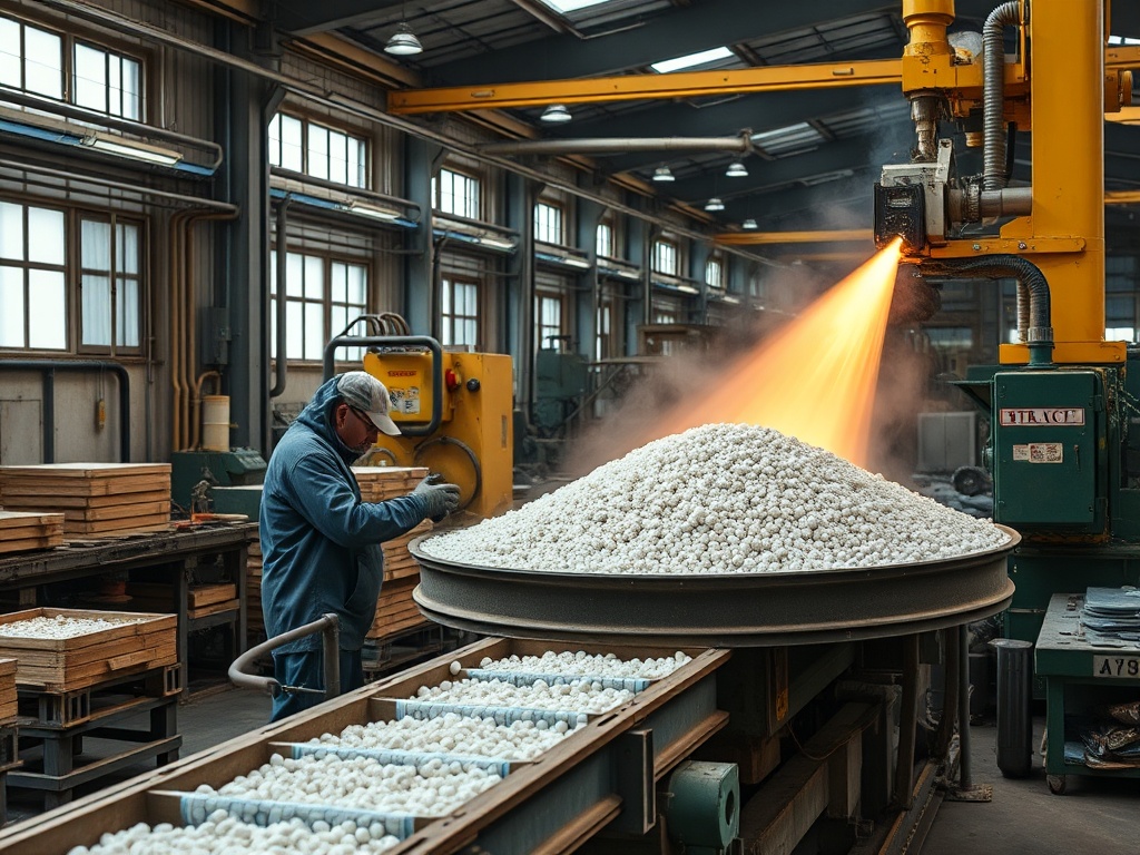 Рабочий в заводе обращается с пластиковыми шариками, вдыхая дым от машины, производящей материал.