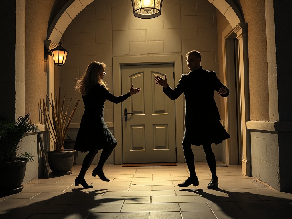 Пара танцует в полутёмном коридоре под светом фонарей, создавая романтическую атмосферу.