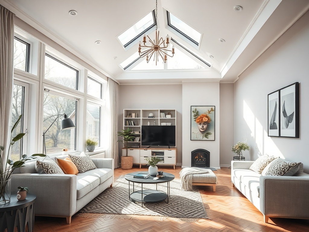 Светлая гостиная с большими окнами, стильной мебелью и декоративными элементами. Уютное пространство для отдыха.