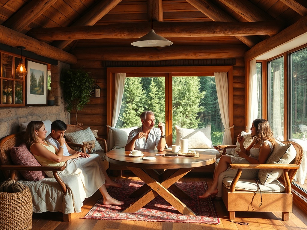 Четыре человека сидят за круглым столом в уютной комнате с большими окнами и видом на лес.