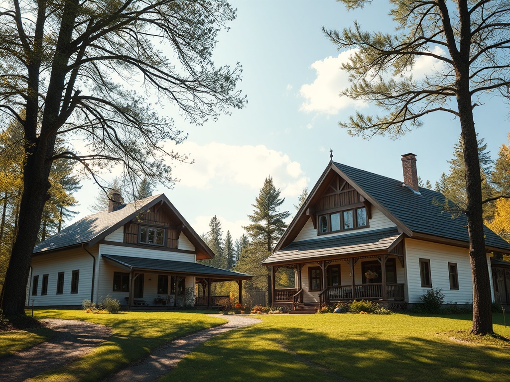 Два уютных дома с крышей в окружении зелёных деревьев и чистого неба на фоне.