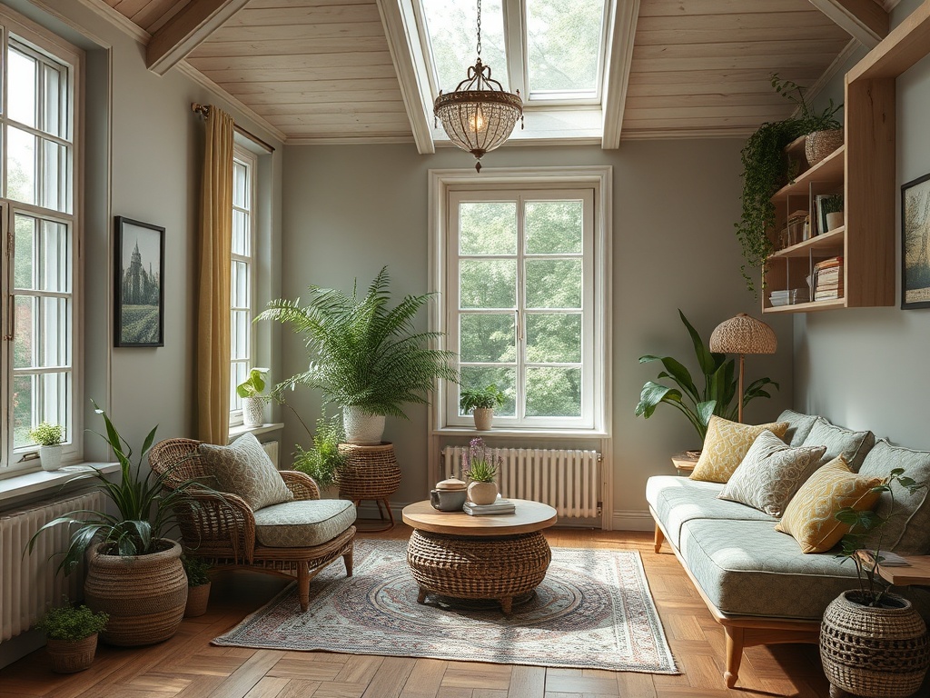 Светлая комната с большими окнами, растениями, уютной мебелью и деревянным потолком, создающая атмосферу спокойствия.