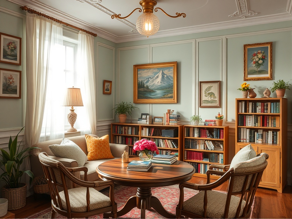 Уютная гостиная с книжными полками, мягкой мебелью и светом от настольной лампы. Картины на стенах.