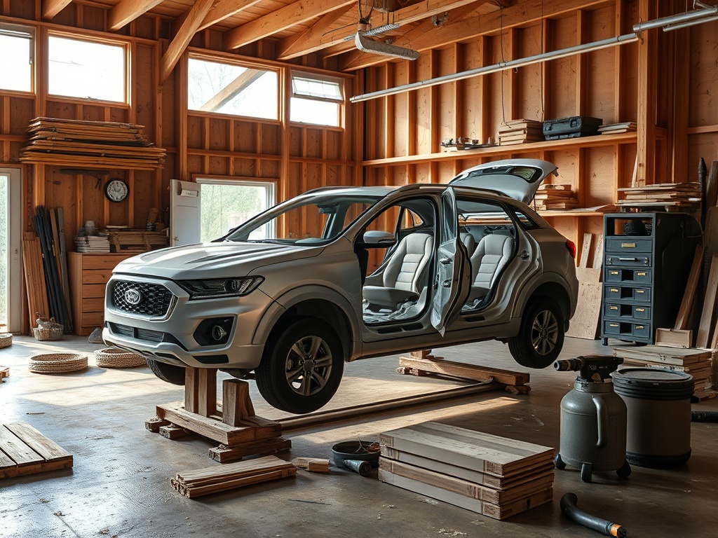 Автомобиль стоит на подмостках в мастерской среди деревянных конструкций и инструментов. Светлое, уютное пространство.