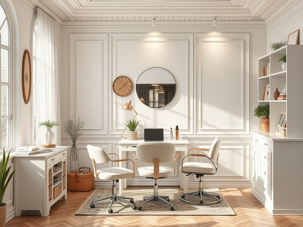 Светлый офис с белыми стенами, столом, креслами и элементами декора, создающими уютную атмосферу.