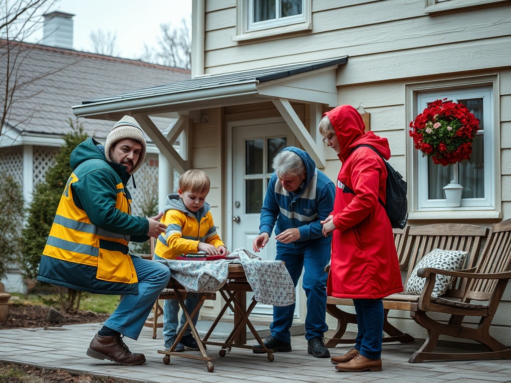 На изображении четверо людей за столом перед домом, занимающиеся каким-то мастерством или работой.