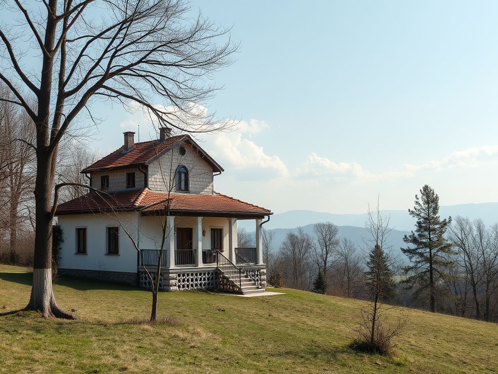 Дом с красной крышей на фоне гор и деревьев, зелёная лужайка перед ним, ясное небо.
