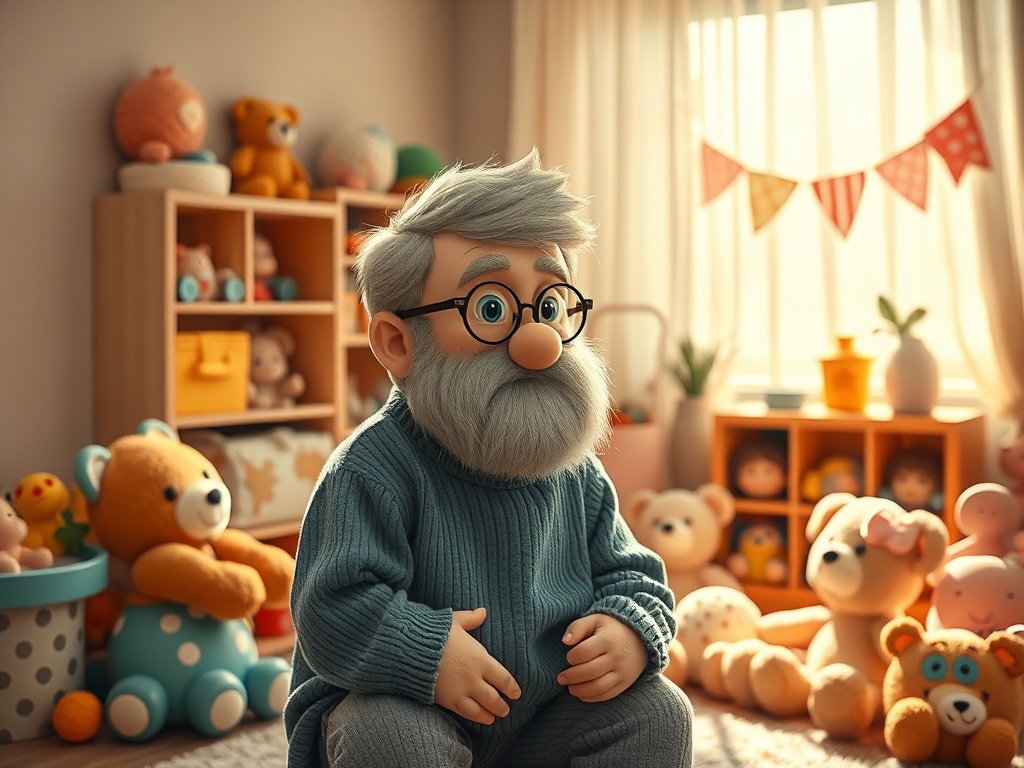 Сказочный дедушка с седой бородой сидит в уютной детской комнате, окружённый мягкими игрушками.
