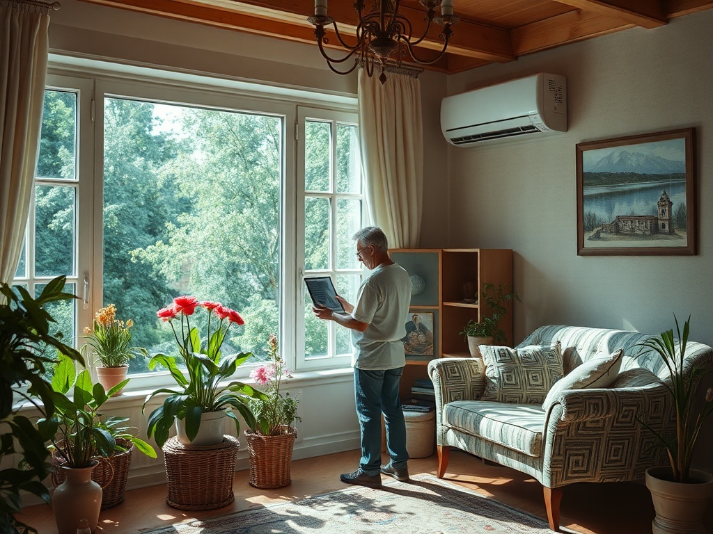 Пожилой человек стоит у окна в уютной комнате, окружённый растениями и книгами. Внешний зелёный пейзаж.