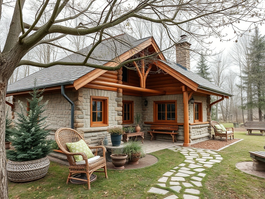 Уютный загородный дом с каменной отделкой и деревянными элементами, окружённый зеленью и дорожками.