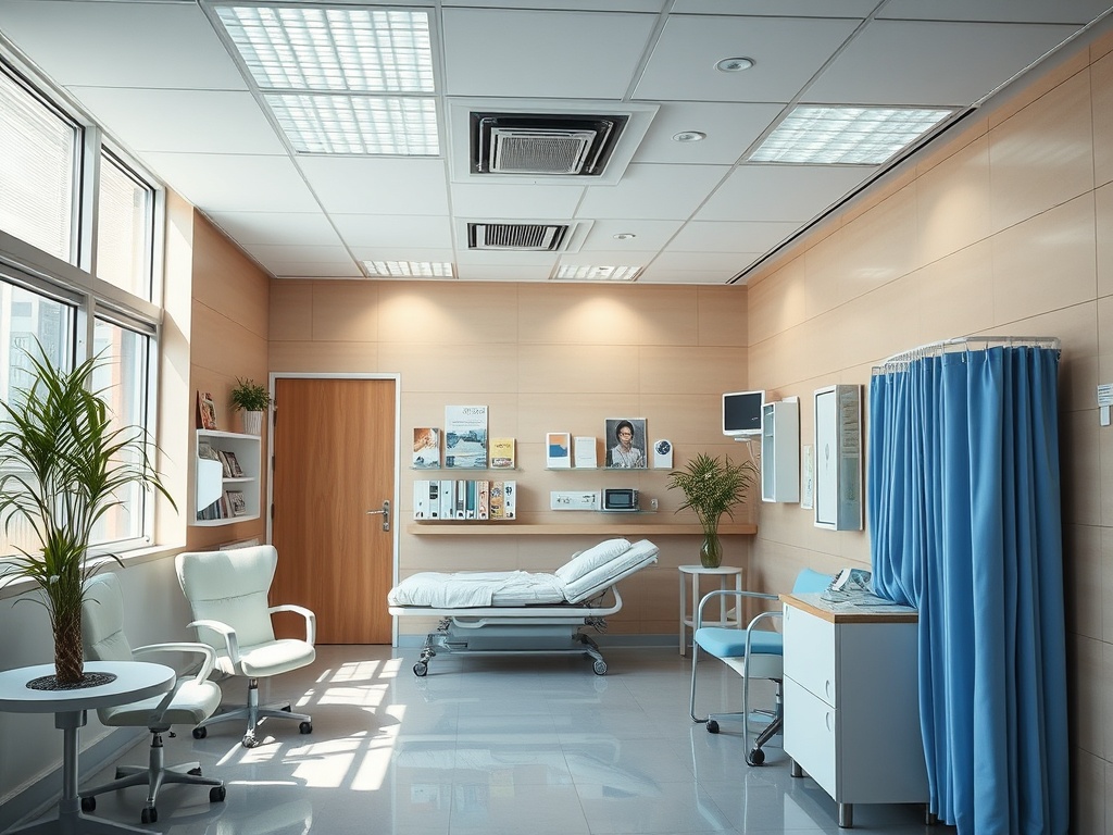 Современный медицинский кабинет с кроватью, креслами, растением и оборудованием для обслуживания пациентов.
