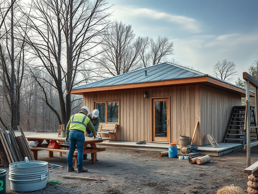 Строительная площадка с деревянным домом и рабочими, занимающимися подготовкой материалов. Зимний пейзаж.
