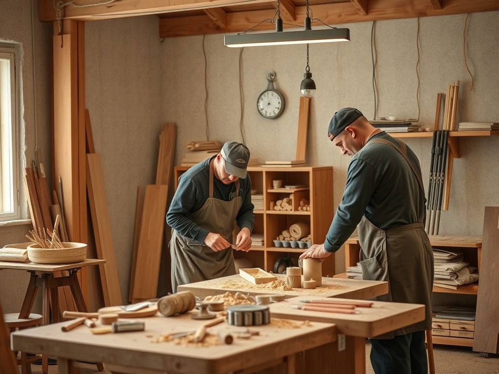 Два человека работают в столярной мастерской, создавая древесные изделия, окружённые инструментами и материалами.